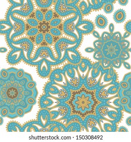 Seamless decorative paisley pattern with ornamental rosettes - mandala on white background
