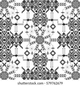 Seamless decorative pattern. American indian, African motifs. Background with tribal ethnic vintage ornament. Hand drawn illustration: textile, greeting card, coloring book, phone case print. Isolated