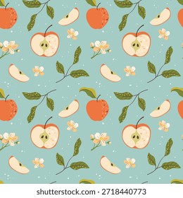 Patrón decorativo sin fisuras con manzanas, hojas y flores sobre un fondo pastel suave. Dibujado a mano ilustración colorida de estilo de moda simple. Ideal para envases de alimentos, textiles, Fondo de pantalla