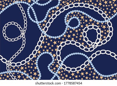 Seamless decorative pattern of baroque motif with chains on blue  background.EPS10 Illustration.
