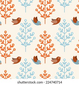 Seamless decorative pattern with birds and trees