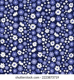 Seamless decorative pattern with blue daisies. Print for textile, wallpaper, covers, surface. For fashion fabric. Modern style millefleurs.