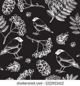 Seamless decorative pattern with bullfinches, rowan berries, cones. Hand drawn nature elements. Vector illustration.