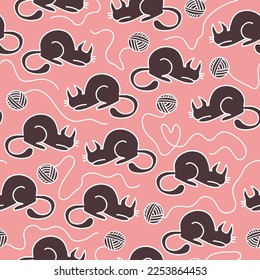 Seamless decorative pattern with cats play with skeins of thread. Print for textile, wallpaper, covers, surface. Retro stylization. For fashion fabric.