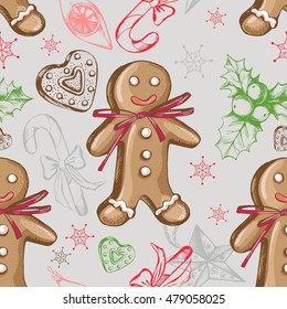 Seamless decorative pattern with Christmas and New Year's attributes. Hand drawn elements. Good for design wrapping paper.