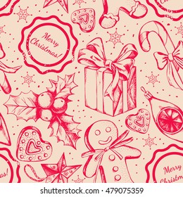 Seamless decorative pattern with Christmas and New Year's attributes. Hand drawn elements. Good for design wrapping paper.