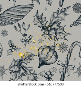 Seamless decorative pattern with Christmas and New Year's attributes. Festive background with Hand drawn elements. Good for design wrapping paper.