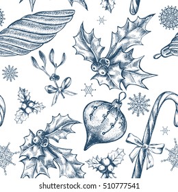 Seamless decorative pattern with Christmas and New Year's attributes. Festive background with Hand drawn elements. Good for design wrapping paper.