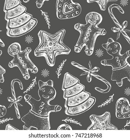 Seamless decorative pattern with Christmas and New Year's attributes. Hand drawn winter holidays elements. great for design wrapping paper.