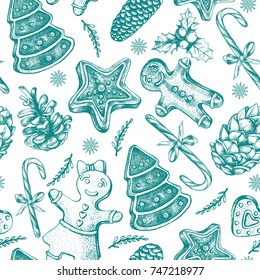 Seamless decorative pattern with Christmas and New Year's attributes. Hand drawn winter holidays elements. great for design wrapping paper.