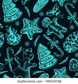 Seamless decorative pattern with Christmas and New Year's attributes. Hand drawn winter holidays elements. great for design wrapping paper.