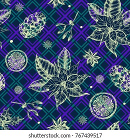 Seamless decorative pattern with Christmas and New Year's attributes -  Christmas star flower, mistletoe, cones, holly berry. Hand drawn winter holidays elements. Perfect for design wrapping paper.