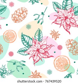 Seamless decorative pattern with Christmas and New Year's attributes -  Christmas star flower, mistletoe, cones, holly berry. Hand drawn winter holidays elements. Perfect for design wrapping paper.