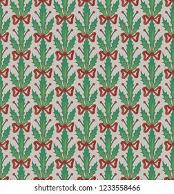 seamless decorative pattern with a Christmas theme made of holly branches tied together with red bows perfect for wrapping paper for Christmas gifts or as a design for packaging   