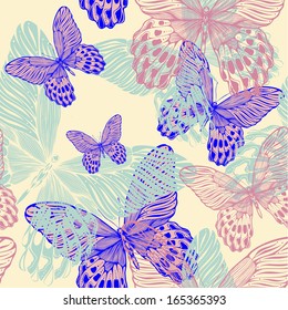 Seamless decorative pattern with colorful butterflies, hand-drawing. vector illustration.