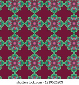 Seamless decorative pattern consists of repeating abstract flowers in turquoise and pink hues on the mute magenta background, vector as a fabric texture