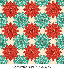 Seamless decorative pattern consists of repeating abstract flowers in turquoise, orange and beige hues on the pale background, vector as a fabric texture