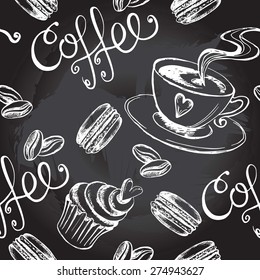 Seamless decorative pattern with a cup of coffee and sweets