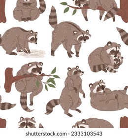 Seamless decorative pattern with cute raccoons flat vector illustration on white background. Pattern design for textile and wallpaper with funny raccoons.