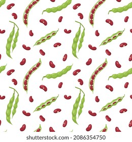 Seamless decorative pattern design with red kidney bean legume plant, flat cartoon vector illustration. Repeatable endless background for bean packaging design.