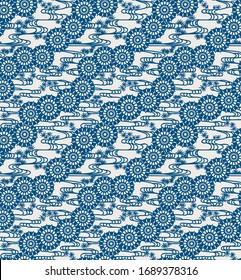 Seamless decorative pattern with diagonal rows of umbrellas and stylised swirling water and flowers in blu on a white fond. Traditional Japanese vintage pattern.