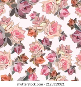 Seamless, decorative pattern of echeveria flowers, stone rose. Vector illustration.