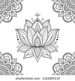 Seamless decorative pattern in ethnic oriental Indian style. Round Mandala and Lotus flower stylized as mehndi.