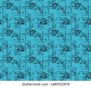 Seamless decorative pattern with fans, flowers and sticks of bamboo . Traditional Japanese vintage textile pattern.