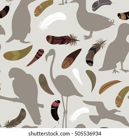 seamless decorative pattern with feathers and silhouettes of birds