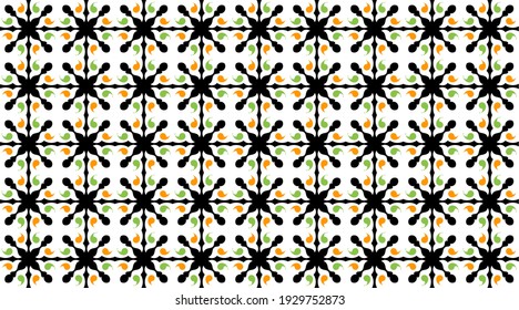 Seamless decorative pattern featuring black starburst shapes with multicolor teardrop accents, forming a bold and rhythmic geometric layout. 