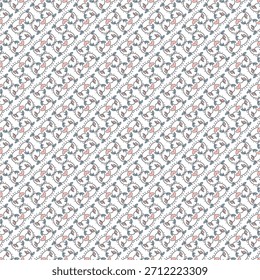 Un patrón decorativo sin fisuras con enredaderas, brotes rosados y hojas azul-verdes sobre un fondo suave y claro. Ideal para telas, Fondo de pantalla, papelería y diseños que necesiten un cuidado botánico 