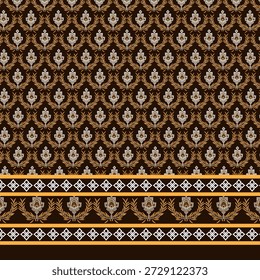 Padrão decorativo sem costura com elegantes ornamentos geométricos em ouro e bege sobre fundo azul profundo. Ideal para impressão têxtil, papel de parede, tecido de moda, papel de embrulho e superfícies decorativas modernas.