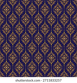 Um padrão decorativo sem costura com motivos ornamentais de ouro em um fundo marinho profundo, criando um olhar luxuoso e elegante.