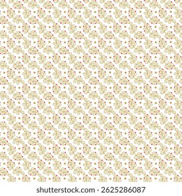 A seamless decorative pattern featuring intricate golden floral elements and red berry accents, arranged diagonally over a soft beige background. Perfect for holiday-themed projects, greeting cards, 