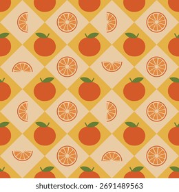 A seamless decorative pattern featuring simple designs of whole oranges (with a green leaf) and cut orange slices