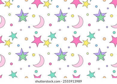 A seamless decorative pattern featuring stars, moons, and circles in pastel tones on a white background.