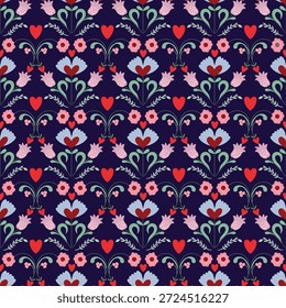 Patrón decorativo sin fisuras con flores estilizadas y motivos de corazón, fondo romántico con colores pastel suaves y acentos rojos brillantes, Fondo de pantalla vintage
