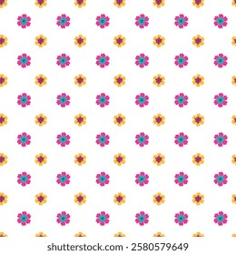 A seamless decorative pattern featuring vibrant pink and yellow flowers with teal centers, arranged over a white backdrop, creating a cheerful and lively design perfect for textiles, wallpapers, 