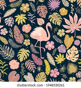 Seamless decorative pattern with flamingo bird and tropical colorful leaves