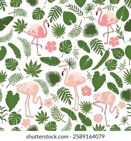 Seamless decorative pattern with flamingo bird and tropical leaves