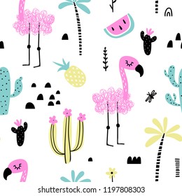 Seamless decorative pattern with flamingo, pineapple, cacti and palm trees on a white background. Vector illustration of a funny summer pattern.