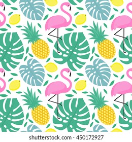 Seamless decorative pattern with flamingo, pineapple, lemons and green palm leaves. Tropical monstera leaves illustration with fruits and exotic bird.Fashion design for textile, wallpaper, fabric.