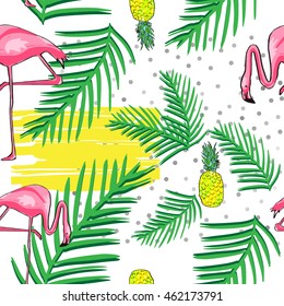 Seamless decorative pattern with flamingo, pineapple and green palm leaves. Tropical leaves illustration with fruits and exotic bird.Fashion design for textile, wallpaper, fabric.