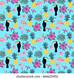 Seamless decorative pattern with flamingo, pineapple, toucan and monstera leaves. Tropical plants illustration with fruits and exotic bird.Fashion design for textile, wallpaper, fabric.