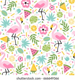 Seamless decorative pattern with flamingo, pineapple, lemons and green palm leaves  on a white background. Vector illustration of a funny summer pattern.