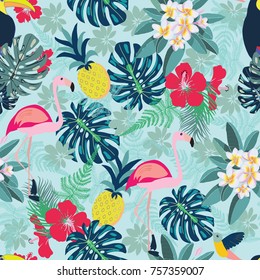 Seamless decorative pattern with flamingo, pineapple, toucan and monstera leaves. Tropical plants illustration with fruits and exotic bird.Fashion design for textile, wallpaper, fabric.