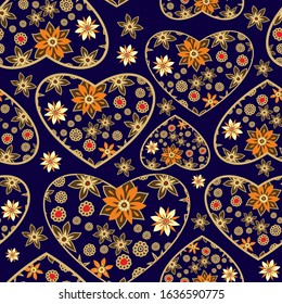 Seamless decorative pattern with floral hearts, vintage style