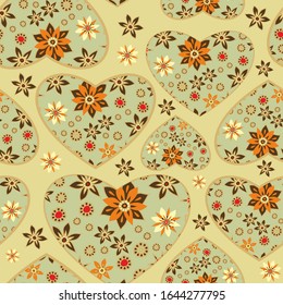 Seamless decorative pattern with floral hearts, vintage style