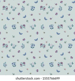 seamless decorative pattern with flowers and flying insects, butterflies and flies