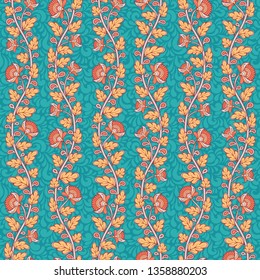 Seamless decorative pattern with flowers on turquoise background. Indian style. Kalamkari. Vertical ornament.